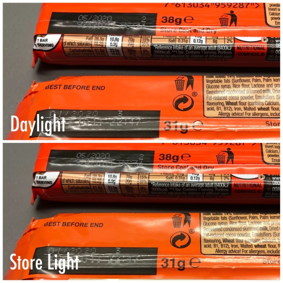 Colour assessment of two food packages in VeriVide's Colour Assessment Cabinet LED P.O.S.