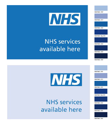 NHS colurs, blue and branding