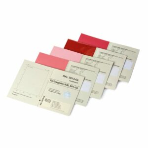 RAL GL colour standard cards in shades of red