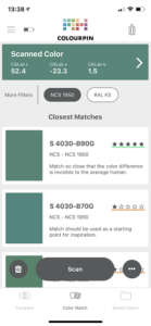 NCS Colourpin App close up of greens on phone