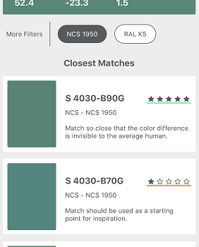 NCS Colourpin App close up of greens on phone