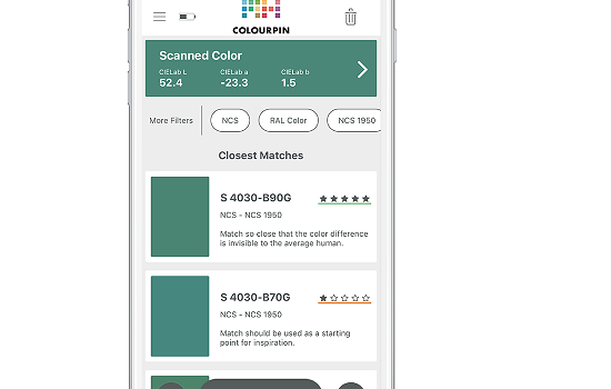 NCS Colourpin App on phone screen