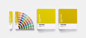 Pantone colour fans and chip books with yellow covers