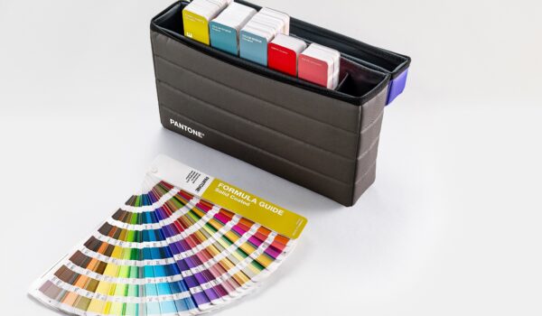 Pantone GPG301C Essential Guide Set case of colour guides open with one guide fanned out on desk