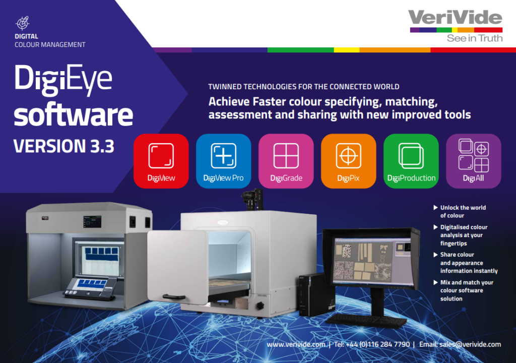 Front page of the new DigiEye software version 3.3 leaflet - this software will be launched at techtextil 2024. 